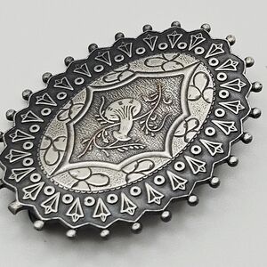 VINTAGE Pewter Art Deco Engraved Morning Glory Flower Oval Brooch Pin
